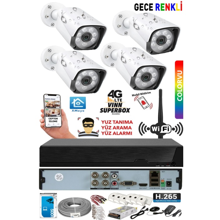 4 Kameralı Gece Renkli 500GB HDD 5MP Lens 1080P FullHD XMEye Cepten İzle Güvenlik Seti (11382)