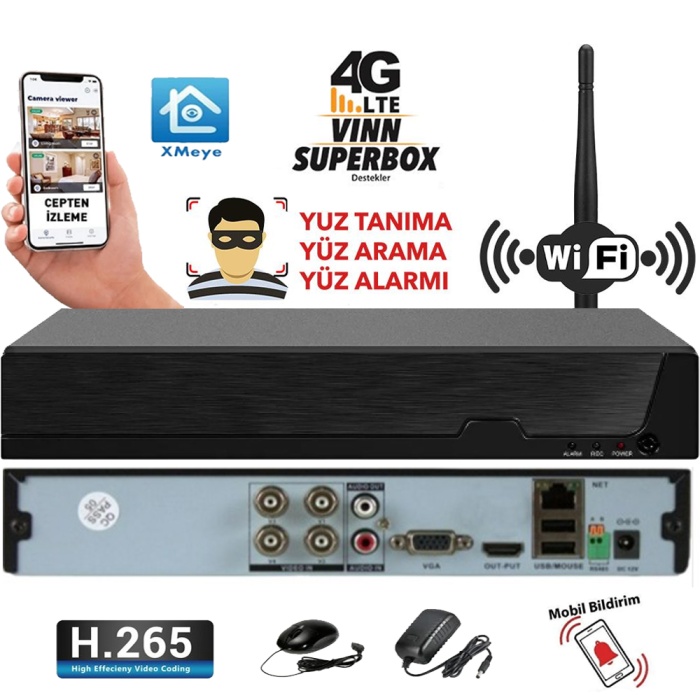 J-TECH 4 KANAL H.265+ 5MP DESTEKLİ XMEYE AHD+TVI+CVI+ IP+ANALOG WiFii (HIBRIT) KAYIT CİHAZI 04JDVR