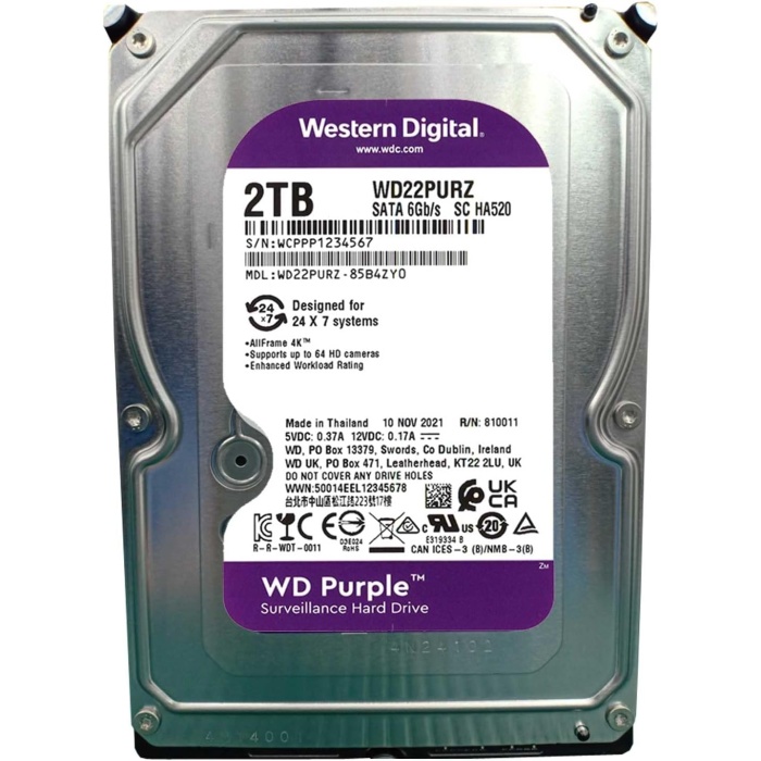 2TB 7/24 WD WD22PURZ 5400RPM 3.5 SATA 3 6Gbit/s 256MB Güvenlik Kamerası Diski