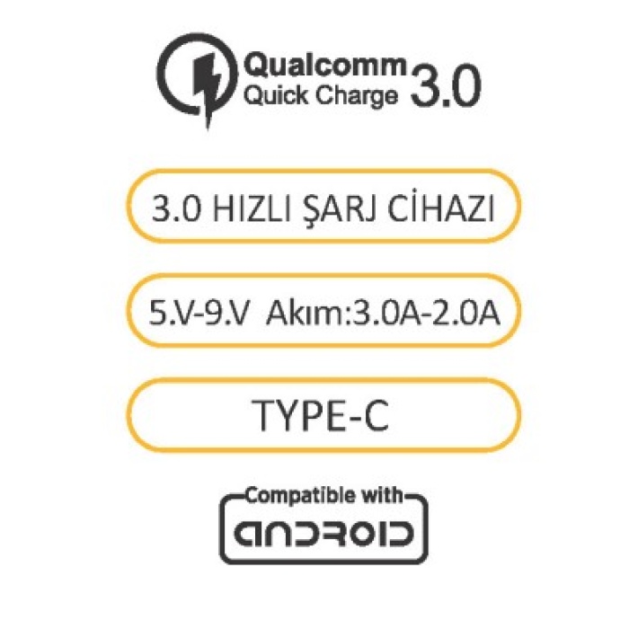 Techson TC14-12T 3A Fast Hızlı Qualcomm Quick Charge 3.0 Type-C Kablolu Şarj Seti