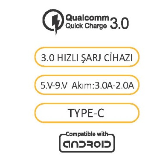 Techson TC05-12T 3A Fast Hızlı Qualcomm Quick Charge 3.0 Type-C Kablolu Şarj Seti