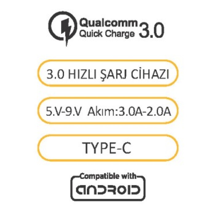 Techson TC04-12T 3A Fast Hızlı Qualcomm Quick Charge 3.0 Type-C Kablolu Şarj Seti
