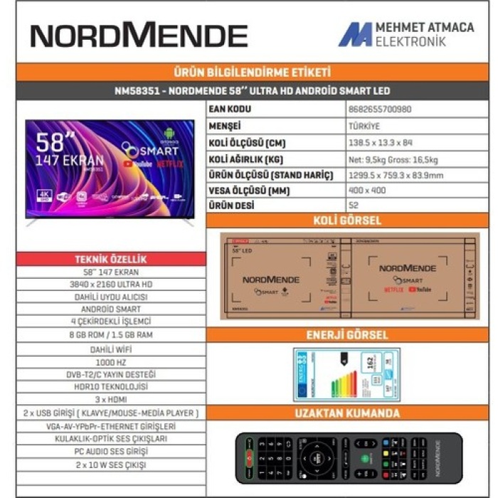Nordmende NM58351 58 147 Ekran Uydu Alıcılı 4K Ultra HD Android Smart LED TV