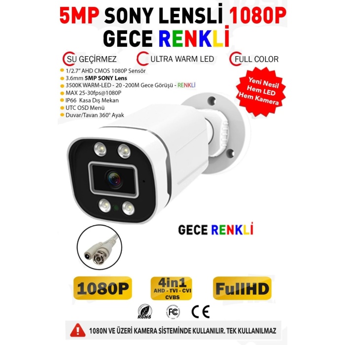 J-Tech 3090 Gece Renkli Warm Light 5MP SONY LENS 1080P AHD Güvenlik Kamera