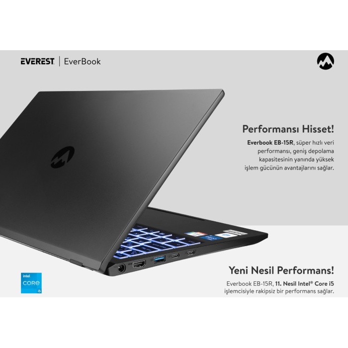 Everest Everbook Core i5 1135G7 8GB RAM 500GB M.2 SSD 15.6 iPS Usb 3.2 RGB Klavye Laptop EB-15R