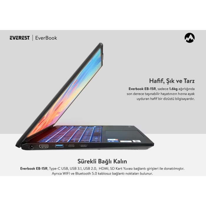 Everest Everbook Core i5 1135G7 8GB RAM 500GB M.2 SSD 15.6 iPS Usb 3.2 RGB Klavye Laptop EB-15R