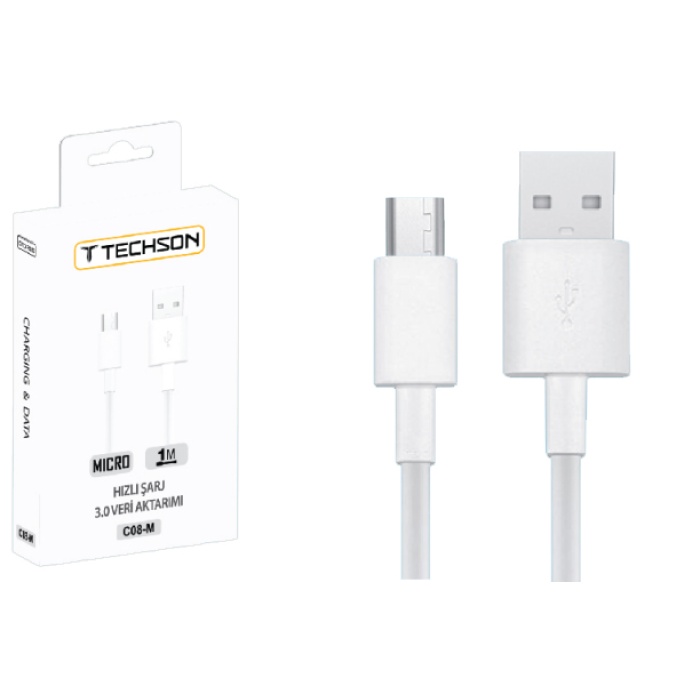 Techson C08-M 3A Amper Micro USB Hızlı Şarj ve Data Kablo 1MT