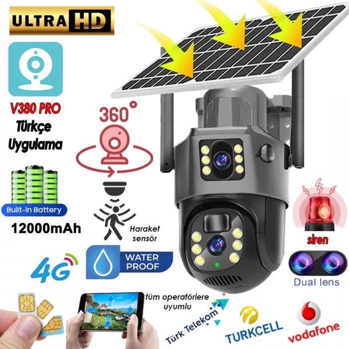 MPIA MIKA-4G 3+3MP 4K 4G Sim Kartlı Güneş Panel Dual Lens Solar 12000mAH Alarmlı Mikrofon 360 PTZ Türkçe Uygulama Güvenlik Kamera