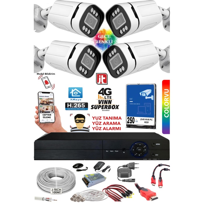 4 Kameralı 4K3060H 250GB Gece Renkli 5MP Lens HD Güvenlik Kamera Sistemi XMeye Cepten izle