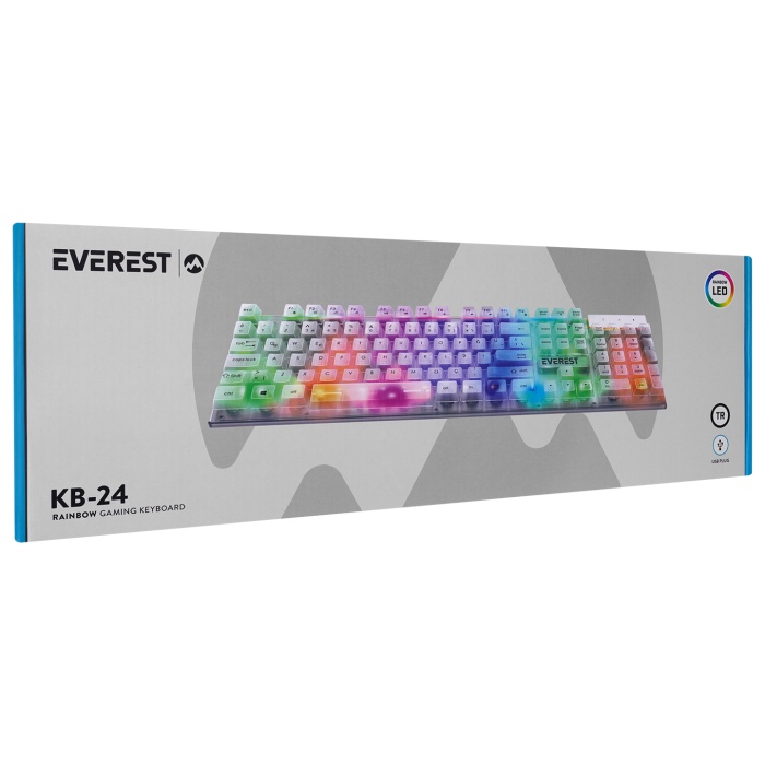 Everest KB-24 Beyaz Rainbow Membrane RGB Işıklı Oyuncu Klavyesi Türkçe Q