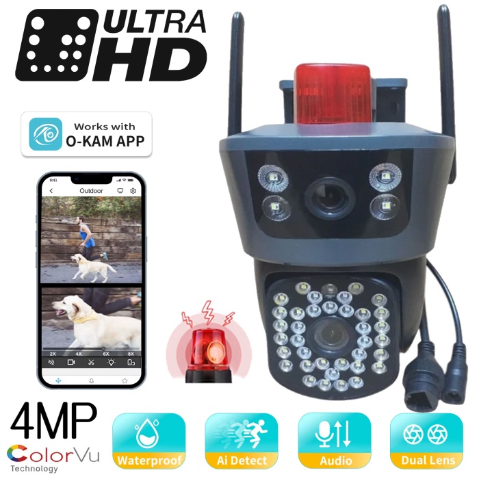 O-KAM PRO APP WBP346 4MP SİREN ALARM Çift Kamera PTZ Kablosuz Wifi IP Sesli Kamera