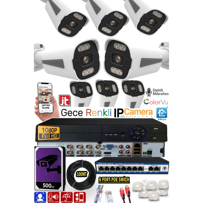 8 Kameralı IP Set 500GB 8090 5MP Mikrofonlu HD Gece Renkli Güvenlik Kamerası Sistemi -Cepten izle