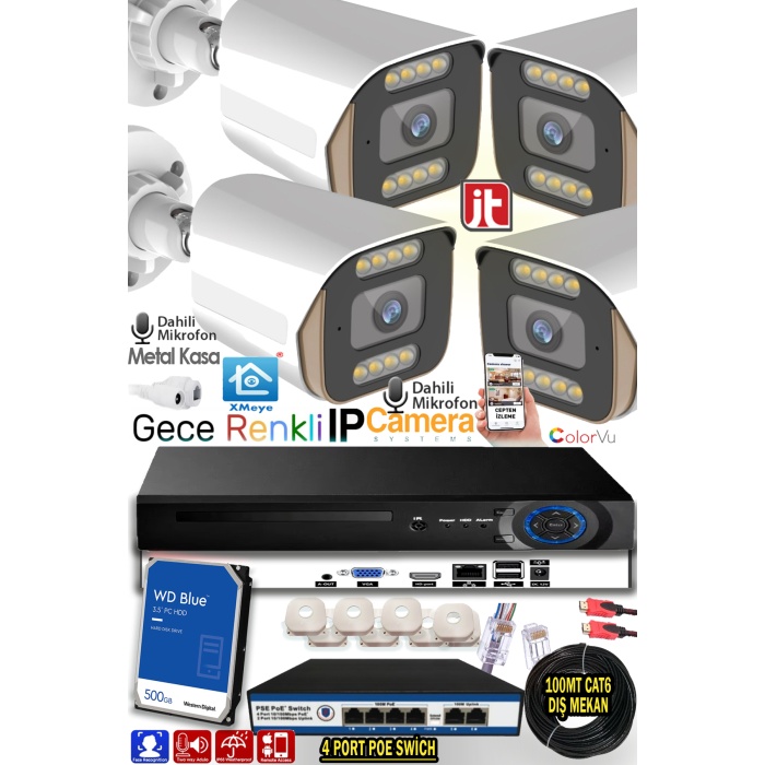 4 Kameralı IP Set 500GB 9060 5MP Mikrofonlu HD Gece Renkli Güvenlik Kamerası Sistemi -Cepten izle