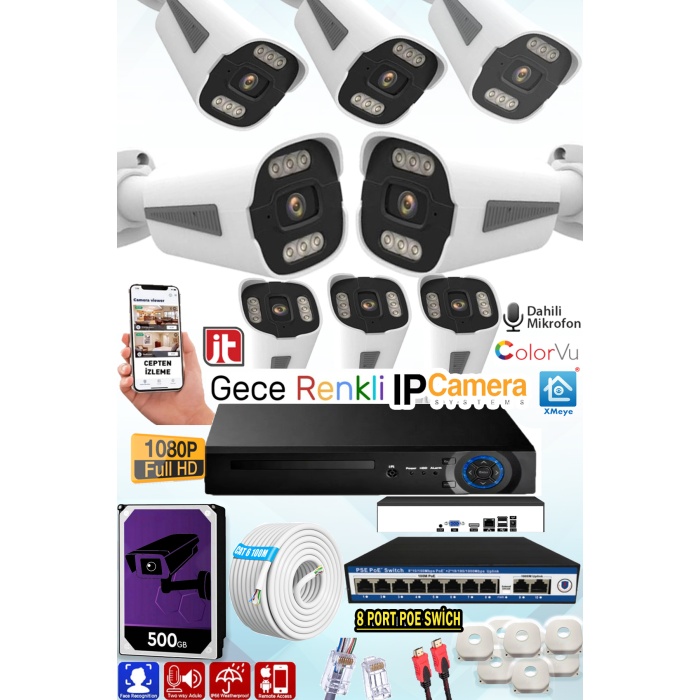 8 Kameralı IP Set 500GB 8090 5MP Mikrofonlu HD Gece Renkli Güvenlik Kamerası Sistemi -Cepten izle