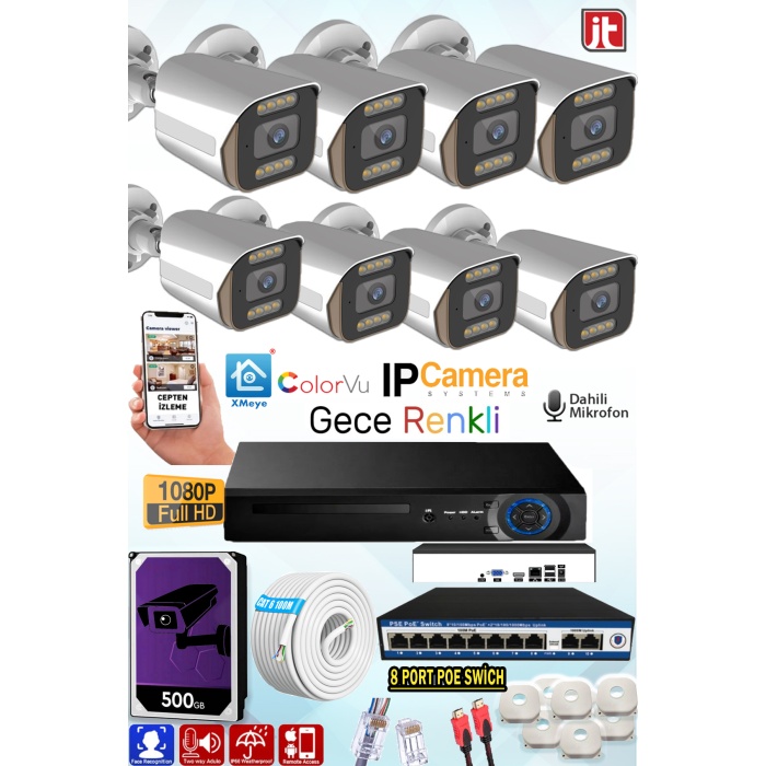 8 Kameralı IP Set 500GB 9060 5MP Mikrofonlu HD Gece Renkli Güvenlik Kamerası Sistemi -Cepten izle