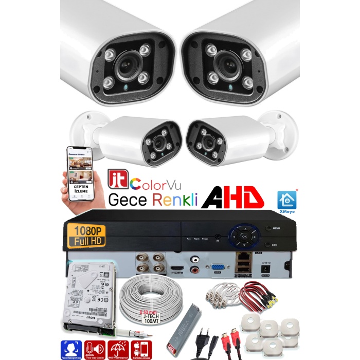 4 Kameralı AHD Set 250GB 8000- 5MP Sony Lensli HD Gece Renkli Güvenlik Kamerası Sistemi -Cepten izle