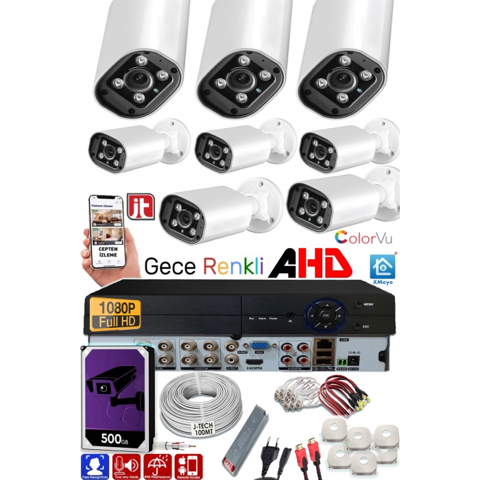 8 Kameralı AHD Set 500GB 8000- 5MP Sony Lensli HD Gece Renkli Güvenlik Kamerası Sistemi -Cepten izle