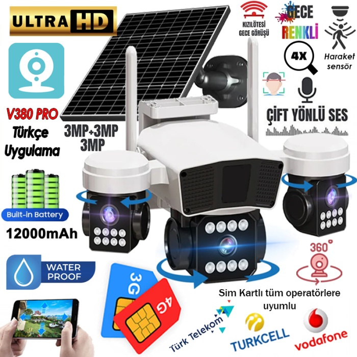 V380 PRO 95-G 3X KAMERA 4K 4G Sim Kartlı Güneş Panel Solar 12000mAH Alarmlı Mikrofon 360 PTZ Türkçe Uygulama Güvenlik Kamera