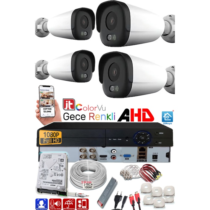 4 Kameralı AHD Set 250GB AB2126S- 2MP Sony Lensli HD Gece Renkli Güvenlik Kamerası Sistemi -Cepten izle