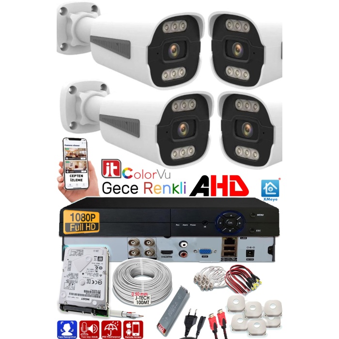 4 Kameralı AHD Set 250GB 3060- 5MP Sony Lensli HD Gece Renkli Güvenlik Kamerası Sistemi -Cepten izle
