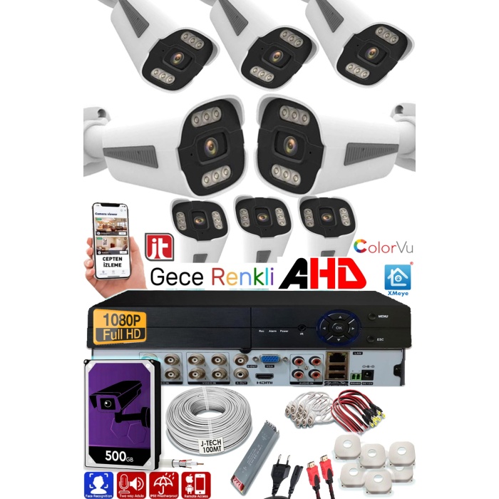 8 Kameralı AHD Set 500GB 3060- 5MP Sony Lensli HD Gece Renkli Güvenlik Kamerası Sistemi -Cepten izle