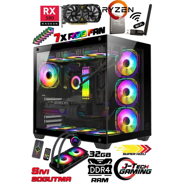 J-TECH RX58 Ryzen5 5600 32GB RAM 512GB NVMe M.2 SSD 8GB RX-580 ARGB Sıvı Soğutmalı Oyuncu Bilgisayarı