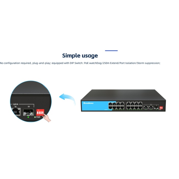 Scodeno S200 16 Port 2*10/100/1000Mbps PoE Switch 2 Uplink - 16 Port PoE Switch 300W Watt