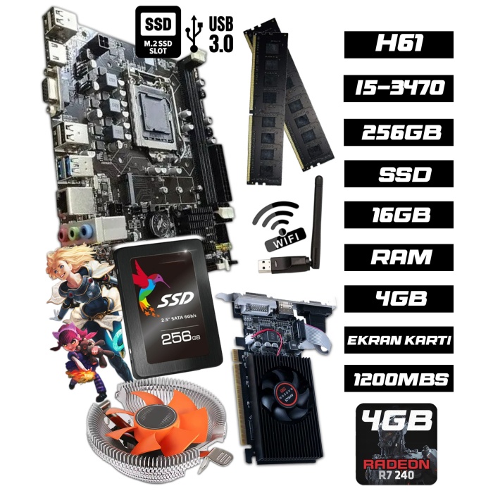 B12751  i5 3470 16GB RAM 256GB SSD R7240 4GB H61 1200Mbps WiFi CPU Fan Bundle Anakart Komple SET