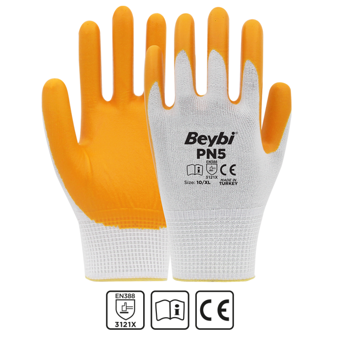 Beybi Nitril PMK PN5 Beyaz Sarı Örme Polyoster Nitril  9 Beden 12li Paket EN388 (3121X)