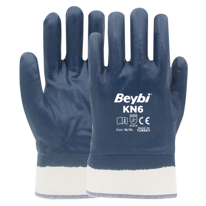 Beybi Nitril PMK PN10 10 Beden 12li Paket Polyester Örme Nitril Eldiven (4141A) Nitril 1-2 Kaplama