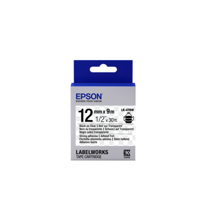 Epson LK-4TBW Güçlü Yapışkanlı Şeffaf Üzeri Siyah 12mm 9Metre Etiket