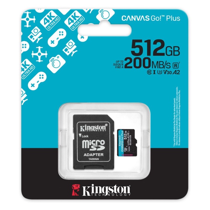 Kingston SDCG4-512GB 512GB microSDXC Canvas Go Plus Gen4 200MB-s A2 U3 V30 Card + ADP Hafıza Kartı
