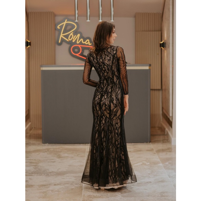 V YAKA TÜL TAŞ DANTELLİ İTHAL MODEL ABİYE