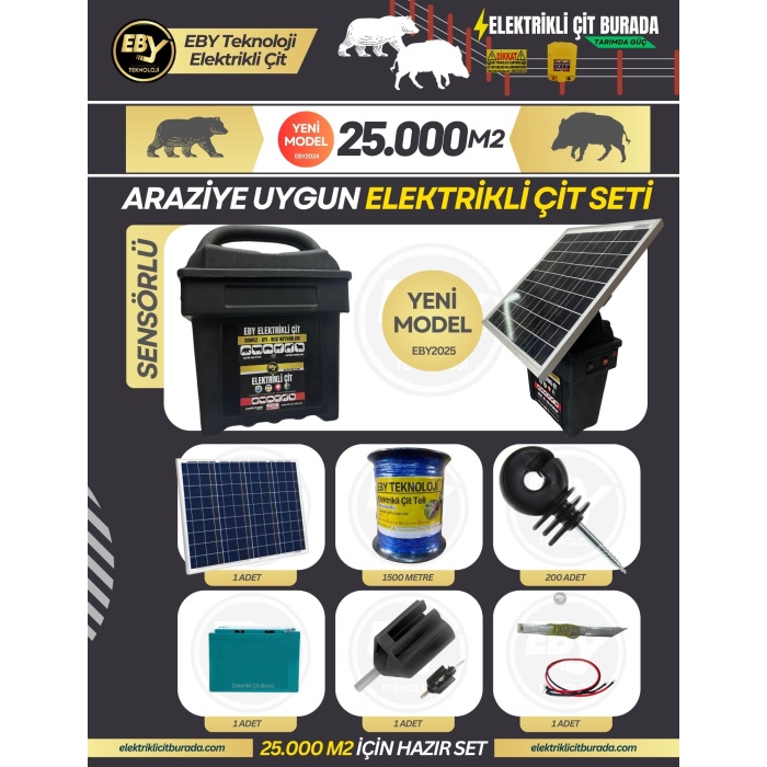 EBY Elektrikli Çit Güneş Panelli Set Çantalı 25.000 m2