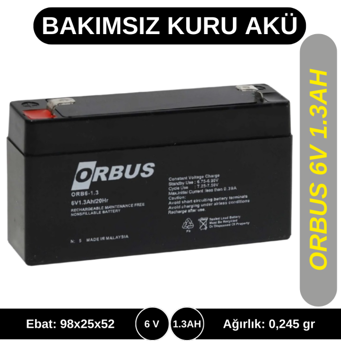 ORBUS 6V 1,3AH KURU TİP AKÜ (DEPOZİTOLUDUR)