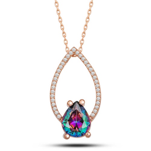 Gümüş Rose Mistik Topaz Taşlı Damla Kadın Kolye