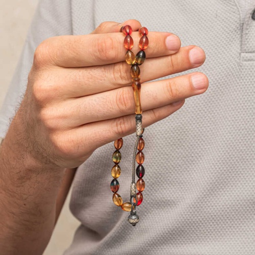 Gümüş Top Kazaz Püsküllü Sıkma Kehribar Tesbih