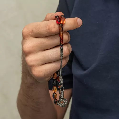 Gümüş Karışık Renk Kazaz Püsküllü Sıkma Kehribar Tesbih