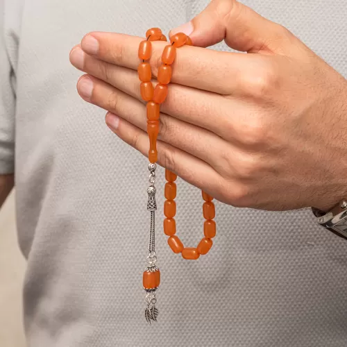 Gümüş Püsküllü Turuncu Kapsül Kesim Sıkma Kehribar Tesbih