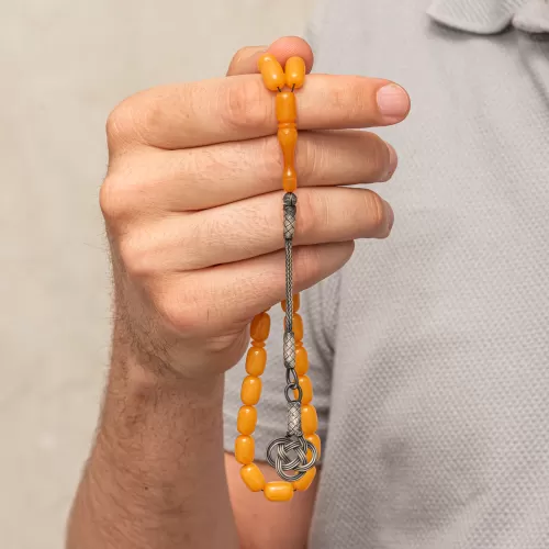 Gümüş Kazaz Püsküllü Kapsül Kesim Sarı Sıkma Kehribar Tesbih