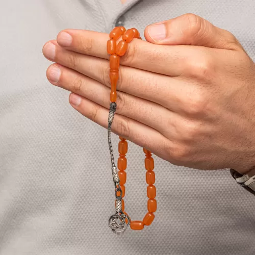 Gümüş Kazaz Püsküllü Kapsül Kesim Turuncu Sıkma Kehribar Tesbih
