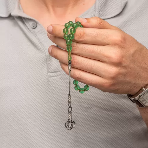Gümüş Kazaz Püsküllü Yeşil Sıkma Kehribar Tesbih