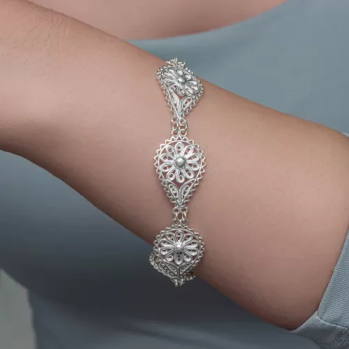 Gümüş Damla Papatya Telkari Kadın Bileklik