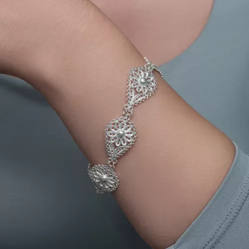 Gümüş Damla Papatya Telkari Kadın Bileklik