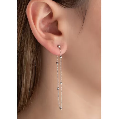 Gümüş Çift Zincirli Top Detaylı Kadın Küpe