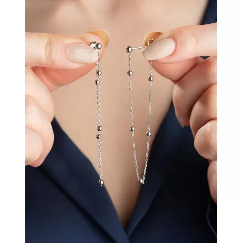 Gümüş Çift Zincirli Top Detaylı Kadın Küpe