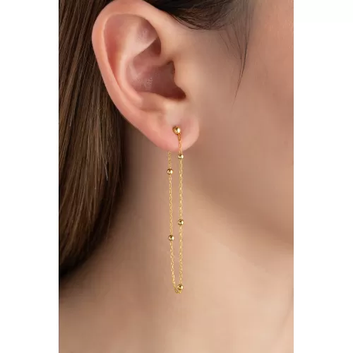 Gümüş Çift Zincirli Gold Top Detaylı Kadın Küpe