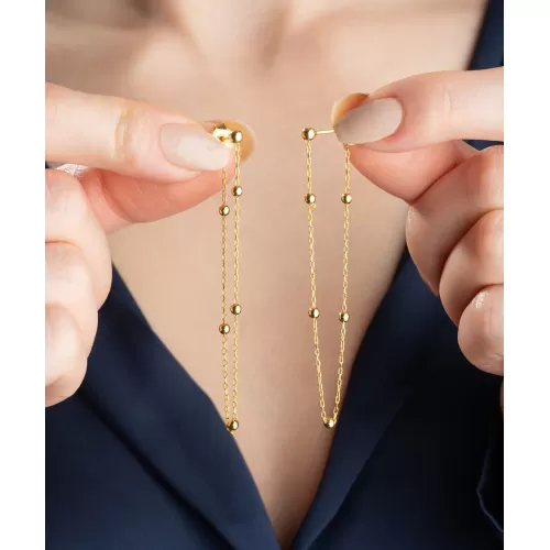 Gümüş Çift Zincirli Gold Top Detaylı Kadın Küpe