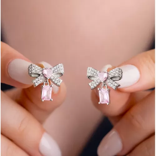 Gümüş Pembe Taşlı Fiyonk Kadın Küpe