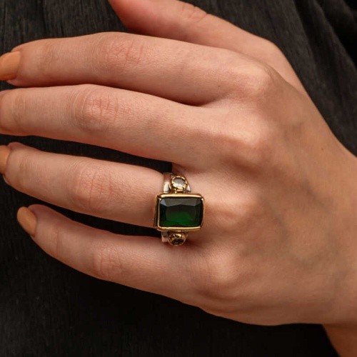 Gümüş Yeşil Zirkon Taşlı Otantik Kadın Yüzük